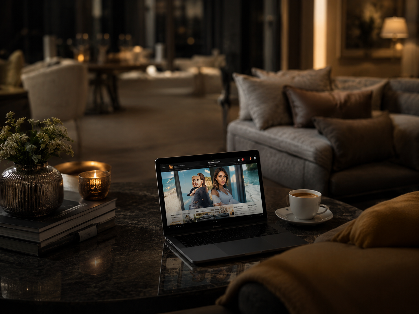 Luxury lounge with laptop displaying premium content
