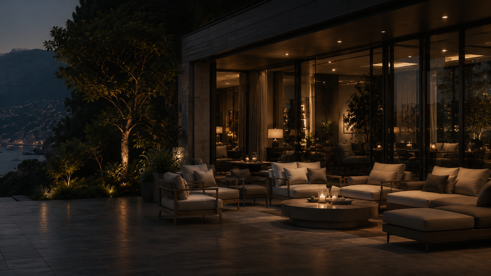 Luxury outdoor terrace at night