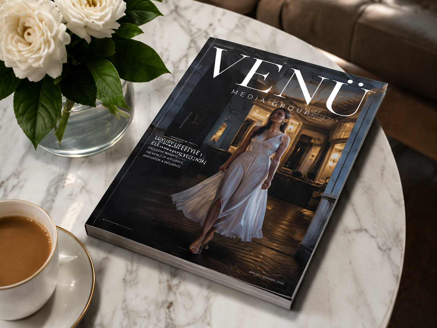 Venü magazine on marble coffee table