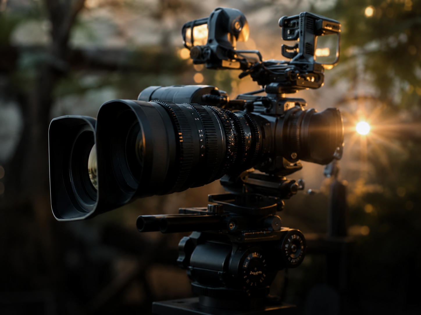 Professional video camera in golden-hour light